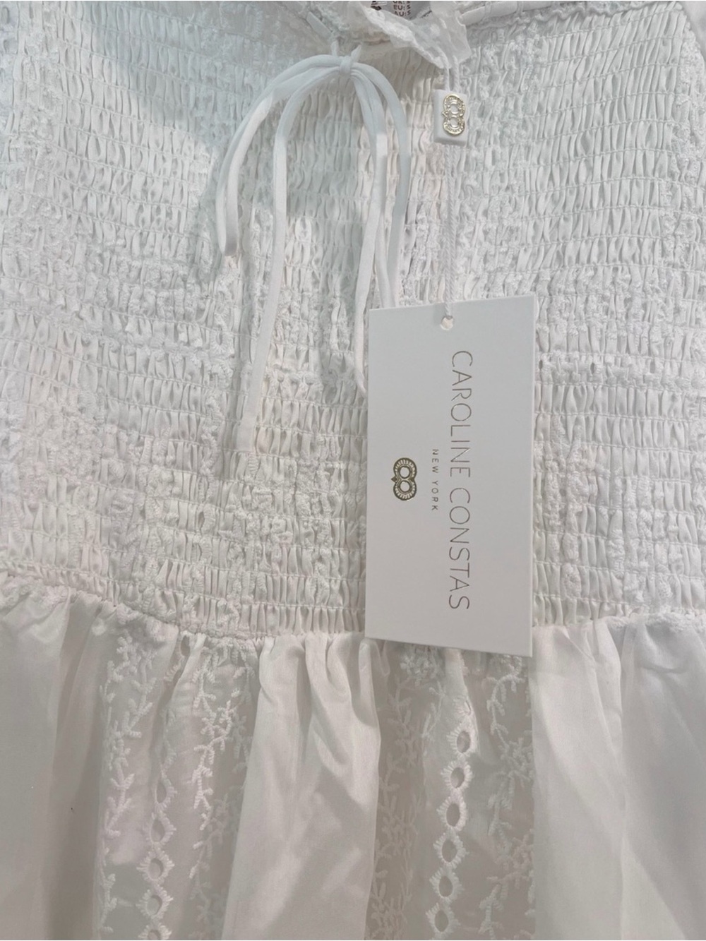 Caroline Constas White Smocked Eyelet Bodice Dress